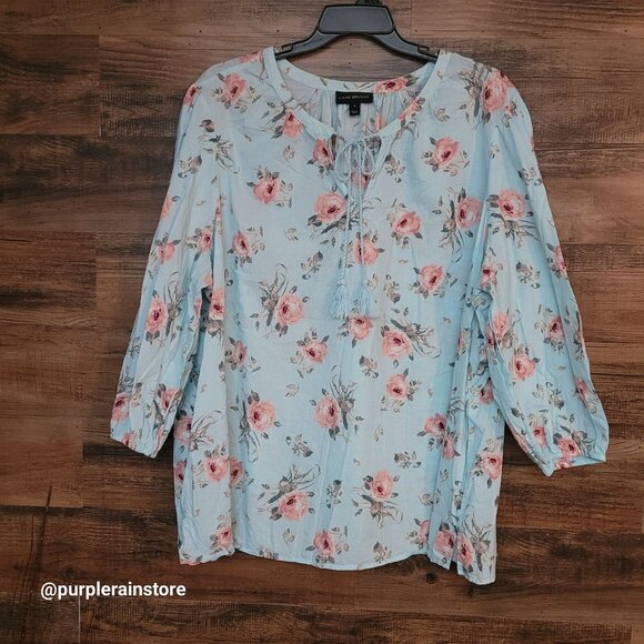 Lane Bryant Tunic Top Size 26 Floral Tassel Tie Blue Green Pink Feminine Country - Picture 1 of 11